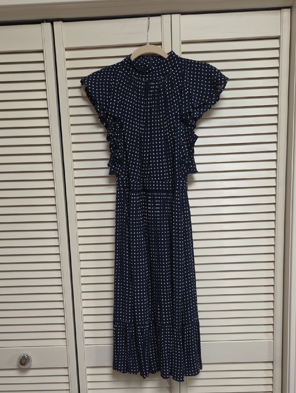 Navy Polka Dot Ruffle Midi Dress